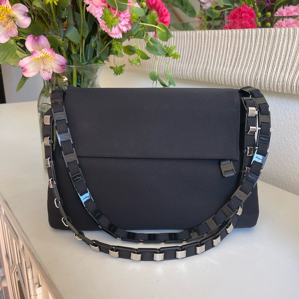 FERRAGAMO Black Nylon Chain-Link Flap Shoulder Bag - Designer Handbag